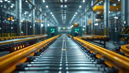 A modern industrial warehouse features illuminated conveyor belts, emphasizing efficiency in a vast, organized environment.