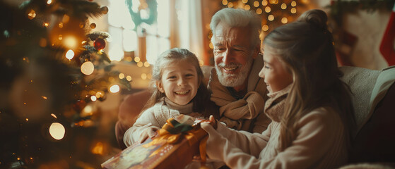 Fototapeta premium Grandfather shares a joyful moment with granddaughters while unwrapping gifts by a beautifully decorated Christmas tree in a cozy living room