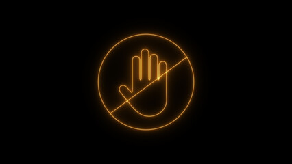 Neon Stope Hand icon. Alertness with Neon Glowing Effects, Glossy Finish, and Unique Composition, Emphasizing Forbidden Actions and Harassment through a Bright, Colorful Pictogram Background