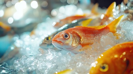 A display of fresh fish on ice, highlighting seafood for sale.