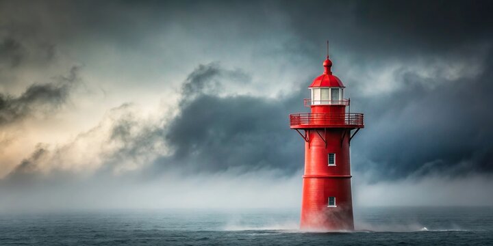 red lightship with fog horn against storm cloud minimalism