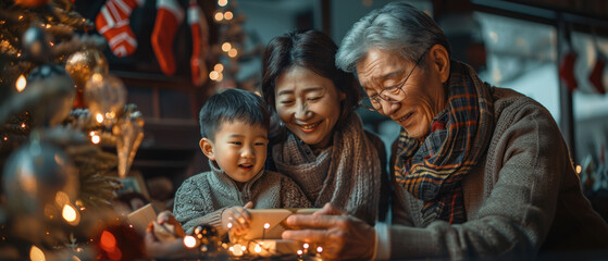 Fototapeta premium A joyful family gathering around the Christmas tree, sharing laughter and moments in a cozy home during the holiday season