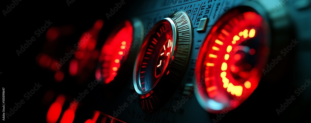 Poster close-up of a control panel with glowing red dials and digital elements.