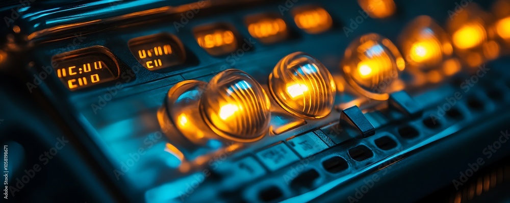 Poster close-up of a vintage radio dashboard with glowing buttons and dials.