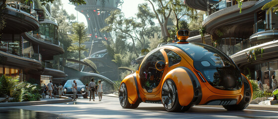 Fototapeta premium Futuristic autonomous vehicle navigating through a vibrant urban landscape filled with greenery and modern architecture