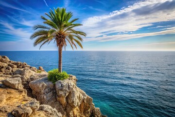 single palm tree standing alone on a rocky cliff overlooking the sea, tropical, rock, solitude, landscape