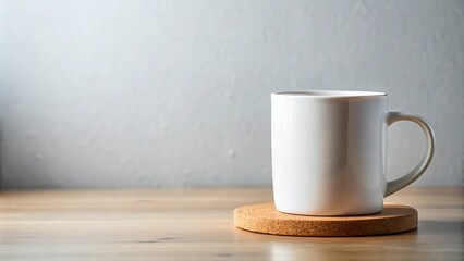 Sleek white ceramic mug with cork base resting on table silhouette