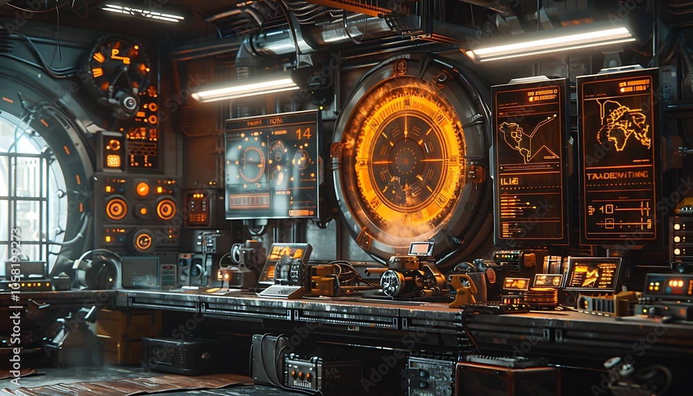Poster a futuristic tech workspace with glowing interfaces, screens, and intricate machinery, depicting adv