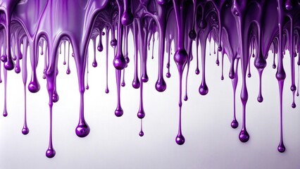 Naklejka premium Slowly dripping purple liquid creates mesmerizing patterns against a pristine white background, showcasing the fluid dynamics of color and movement, texture, drips, fluid dynamics, studio shot