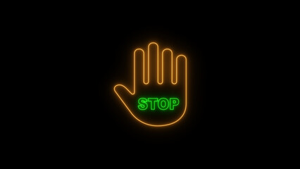 Obraz premium Vibrant Neon Red Stop Sign with Glowing Hand Icon on Black Background: Colorful, Thin-Line Palm Symbol in a Bold, Futuristic Design