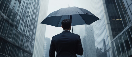 businessman in suit stands with umbrella in modern urban setting, surrounded by tall buildings. scene conveys sense of determination and resilience in face of challenges