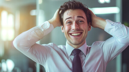 Obraz premium Happy businessman smiling with hands on head in modern office