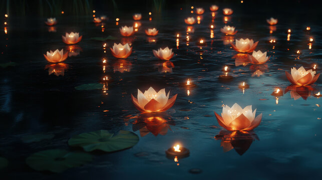 serene nighttime scene featuring glowing lotus flowers floating on tranquil water surface, creating captivating and peaceful atmosphere. gentle reflections enhance beauty of this enchanting view