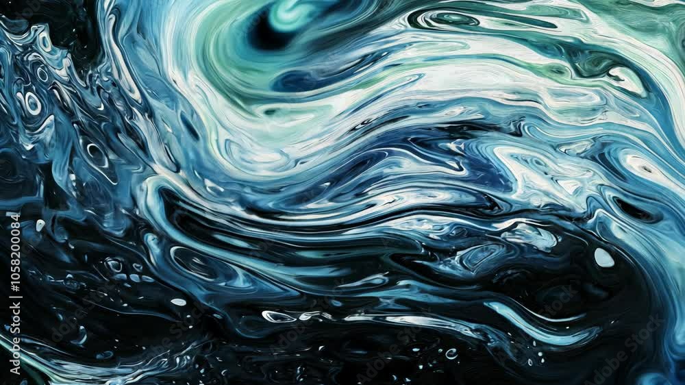 Poster a close-up shot of swirling blue and green paint, creating abstract shapes and patterns