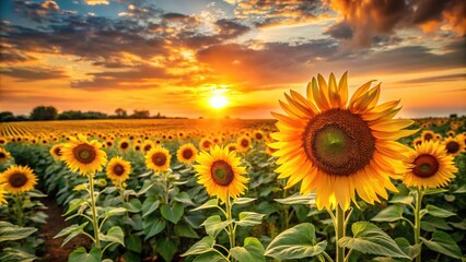 Obraz premium Sunflower field at sunset with tall plants and vibrant yellow blooms against a warm orange sky, sunflowers, landscape, golden hour, sunset