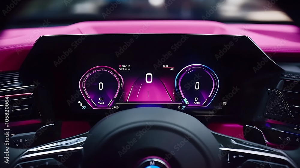 Poster a modern car dashboard display featuring digital gauges and a vibrant color scheme.