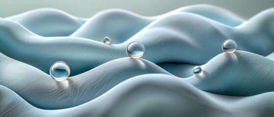 Obraz premium Close-up of water droplets resting on textured blue surface resembling soft waves, beautifully illuminated by gentle light