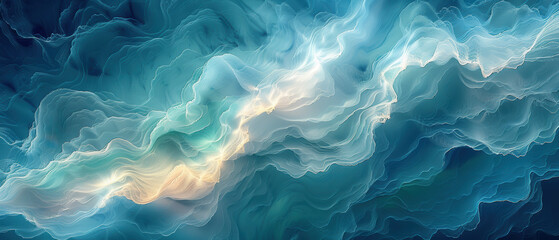 Swirling abstract patterns in shades of blue and cream create a fluid atmosphere resembling ocean waves or ethereal clouds at dusk