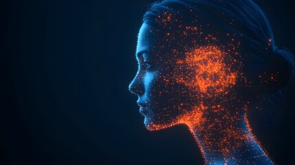 Human brain as glowing circuitry inside a woman's profile, fusing human cognition with digital advancements, abstract art concept of thought evolution