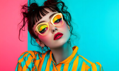 Fototapeta premium Modern Beauty Concepts: Women in Dynamic Urban and Natural Environments, Featuring Bold Geometric Designs and Retro Album Cover Inspirations