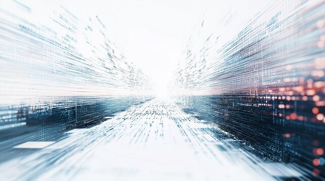Digital Speed: Abstract Data Stream. A futuristic tunnel of binary code and data streams, representing high-speed digital information flow and technological advancement.