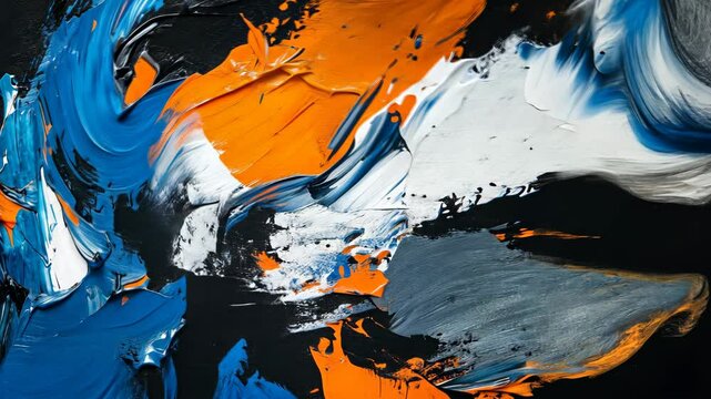 A close-up of an abstract painting featuring bold brushstrokes of blue, orange, and white paint against a black background