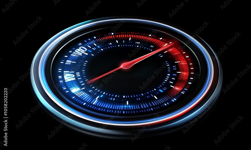 Poster a speedometer displaying speed in red and blue, with a sleek design and glowing edges.