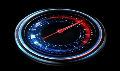 A speedometer displaying speed in red and blue, with a sleek design and glowing edges.