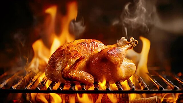 Whole roasted chicken on flaming barbecue grill, surrounded by smoke and fire. Smoky grill, cooking outdoors, grilled meat, culinary delight