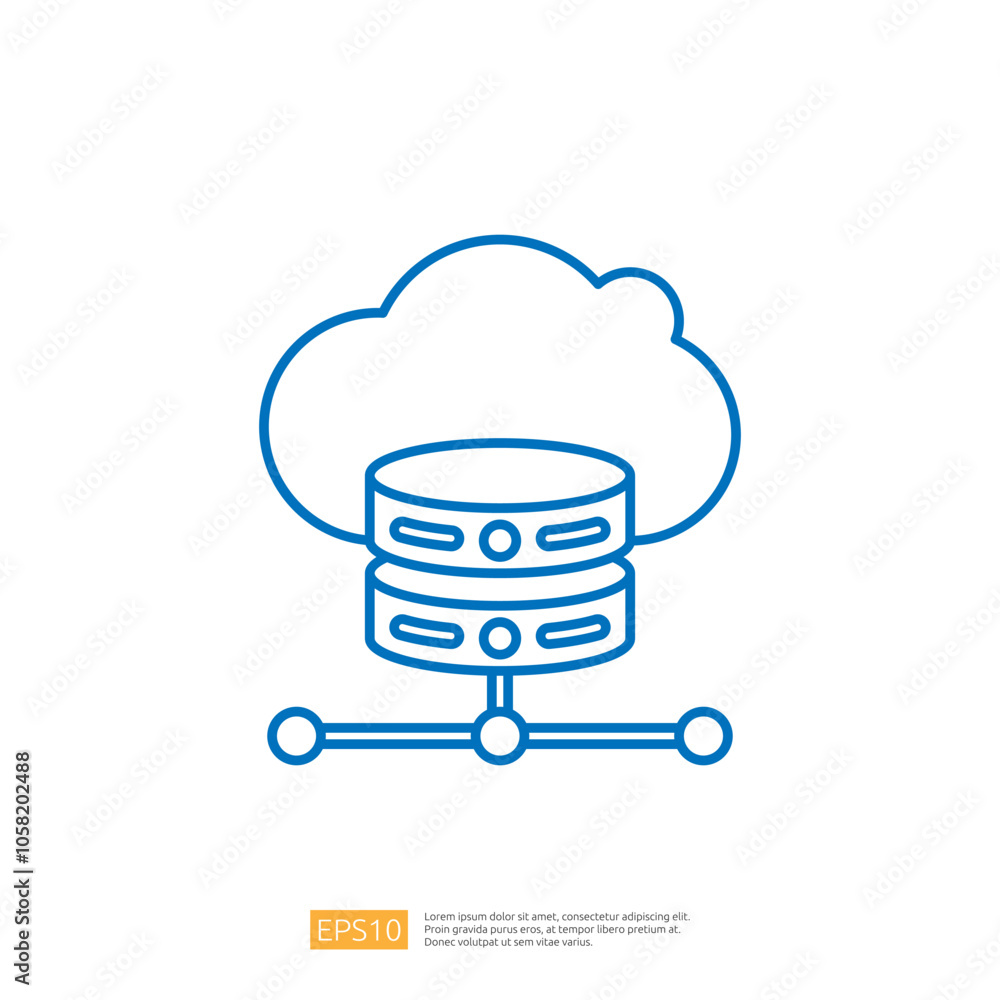 Poster a simple blue outline illustration depicting a cloud with two stacked data storage disks below, conn