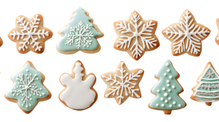 Festive Christmas cookies shaped as trees, snowflakes, and snowmens isolated on white background 