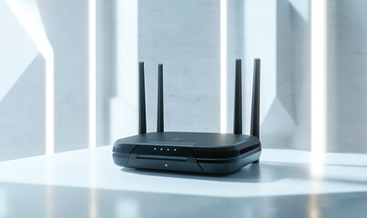 A sleek black Wi-Fi router with antennas, designed for wireless internet connectivity.