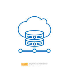 A simple blue outline illustration depicting a cloud with two stacked data storage disks below, connected by a line, representing cloud computing and data management.