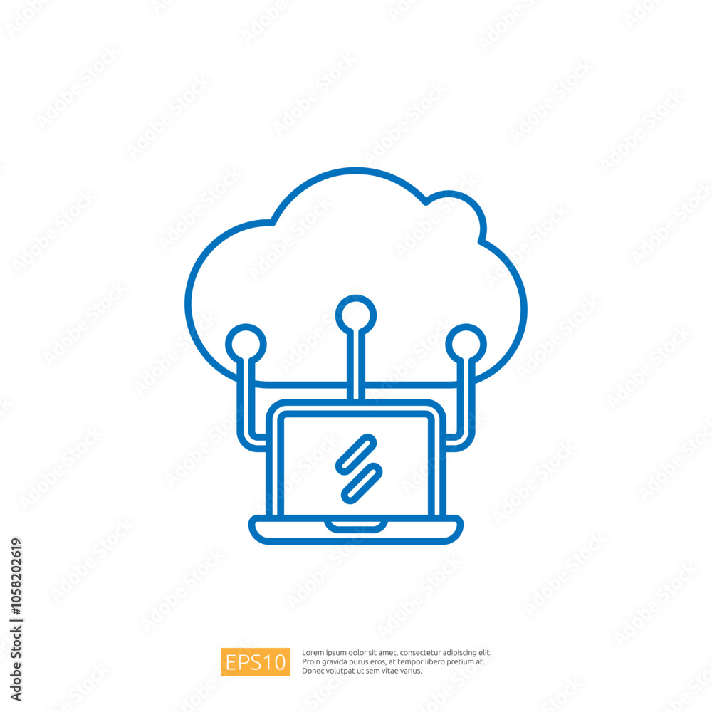 Poster a minimalist illustration of a laptop connected to a cloud, symbolizing cloud computing and data tra