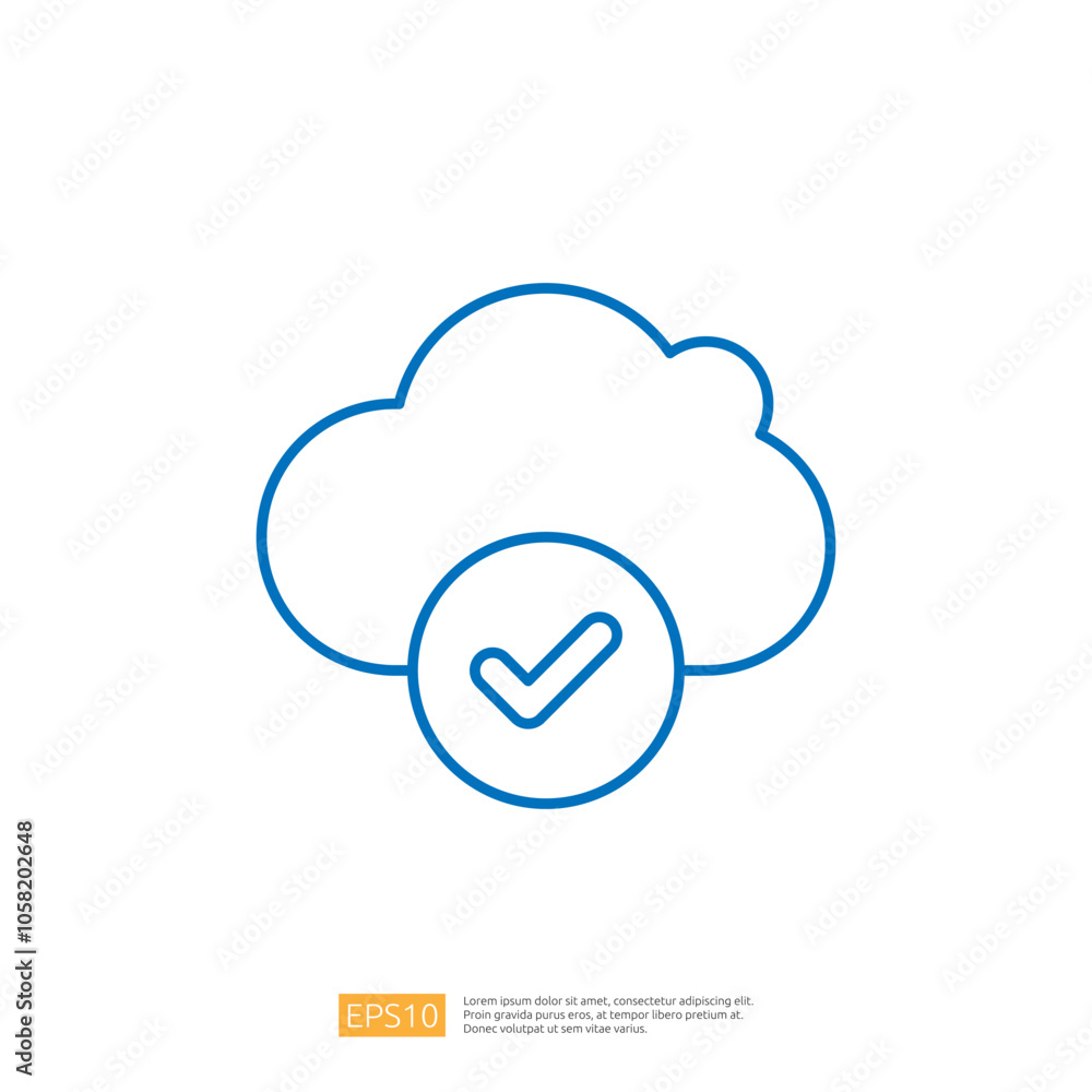 Poster a simple blue outline of a cloud with a checkmark inside, symbolizing successful data upload or clou