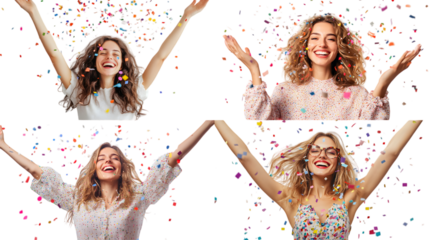 Happy woman with confetti falling everywhere on her isolated on white background