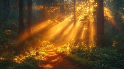 Obraz premium Sunlight streaming through trees in a serene forest setting.