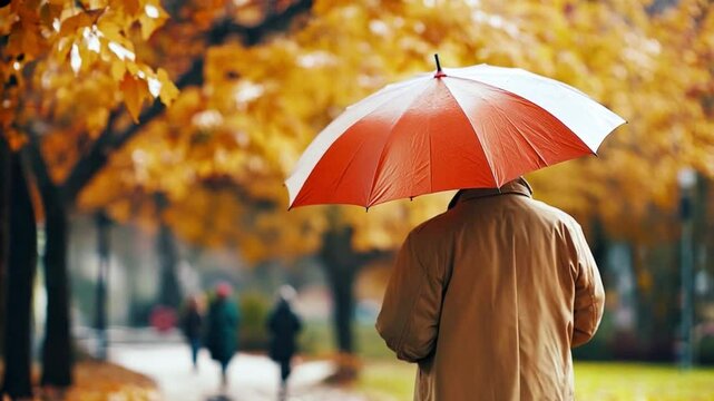 A senior man with an orange and white umbrella walks through an autumn park filled with colorful leaves on a rainy day