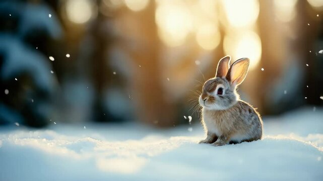 Cute rabbit sitting in snow in winter forest. Arctic hare. Funny Christmas animal. Beautiful scene from wild nature landscape