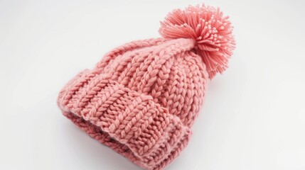 Knitted pink hat with pompon on white background