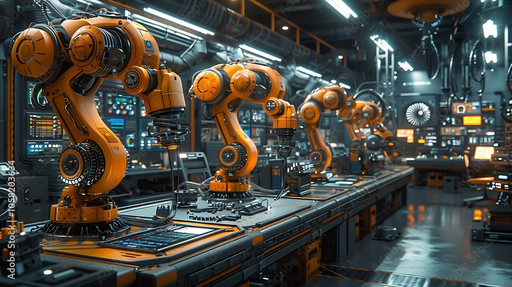 Poster a futuristic factory interior featuring robotic arms at work, showcasing advanced technology and aut