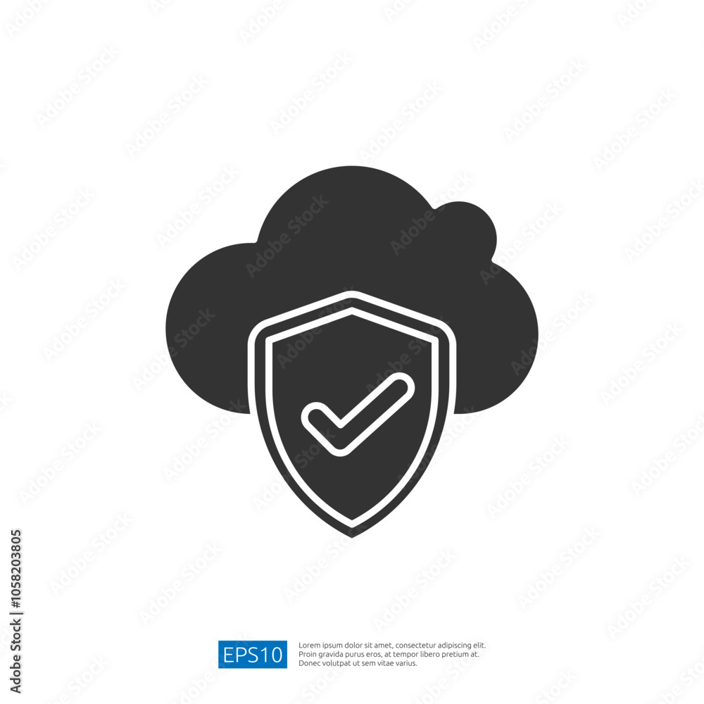 Poster a cloud icon with a shield and checkmark, symbolizing security and protection in cloud computing.