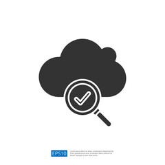 A cloud icon featuring a magnifying glass with a checkmark, symbolizing cloud verification or data security.