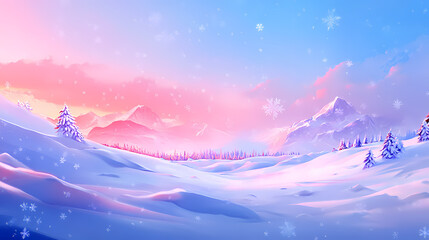 Winter wonderland panorama vast snowy landscape with glistening drifts illuminated by a soft blue sky and delicate snowflakes. Glistening Snowflakes. Illustration