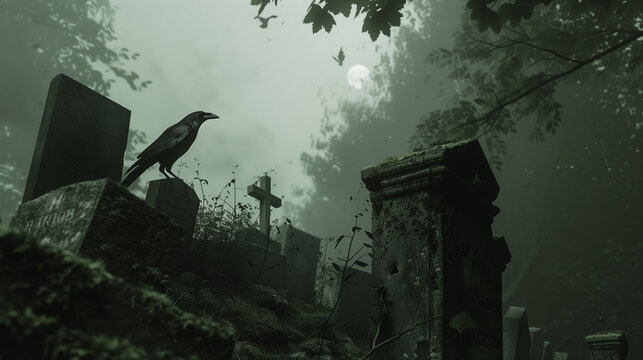 A spooky Halloween graveyard scene, crooked tombstones, cracked and overgrown with moss, a raven perched on a tombstone, thick fog rolling over the ground, moonlit clouds swirling in the sky, faint gl