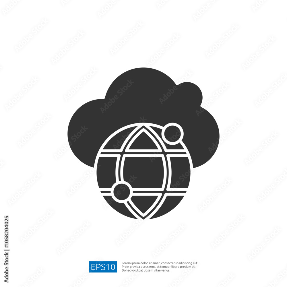 Poster a stylized graphic depicting a globe with network connections, set against a cloud background, symbo