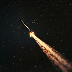 Silver Rocket Launch: Sleek Vehicle Ascends with Fiery Exhaust Trail in Star-Studded Night Sky.