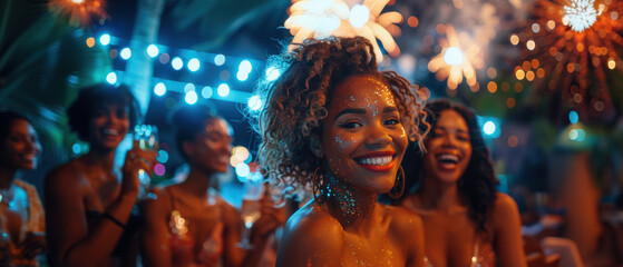 A joyful celebration with friends at a nighttime beach party filled with sparklers and festive lights