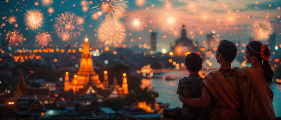 Obraz premium Families enjoying a colorful fireworks display over the river in Bangkok during the evening celebration