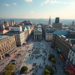 Aerial view of a European city square, historic architecture, neoclassical buildings, domed...